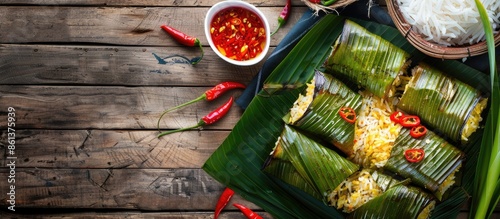 Lontong, a traditional Indonesian dish, consists of rice stuffed with oncom or vegetables, all wrapped in banana leaves and it tastes delicious. Includes copy space image.