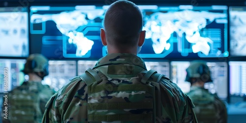 Soldiers monitor screens in advanced global surveillance command center. Concept Military Technology, Surveillance Operations, Global Security, Command and Control, Conflict Analysis