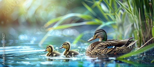 A mother mallard duck with two ducklings is swimming in a blue pond surrounded by lush green reeds, making it a perfect setting for a copy space image.