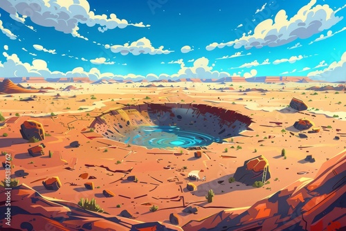 Pixel art depiction of a mysterious desert sinkhole with vibrant blue water at its core -Concept of natural phenomena and exploration in digital landscapes.