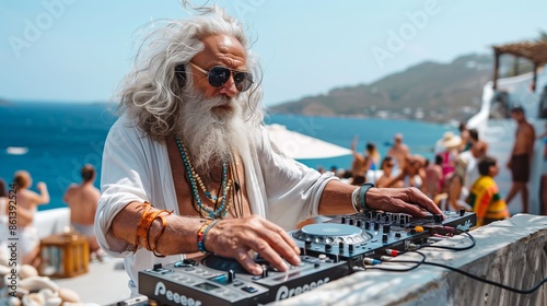 Long-Haired DJ Mixing Music on a Greek Island Terrace