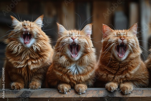 Three ginger cats lined up on a wooden ledge, all yawning in unison, showcasing their synchronized behavior and expressions with detailed focus on their fur and whiskers.