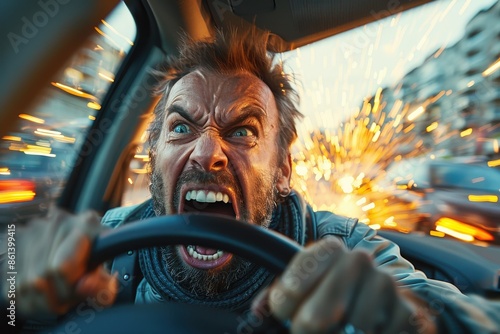 A man is intensely driving a car with a dramatic, explosive background blur effect, enhancing the sense of urgency and action in the fast-paced scene.