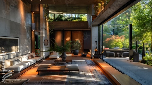 Refined Interior Retreat with Organic Accents and Dappled Lighting in Brutalist Style