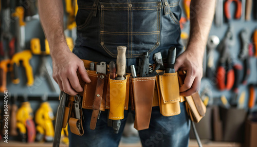 A close-up of a worker's tool belt filled with various tools showcasing the readiness and craftsmanship of a skilled tradesperson