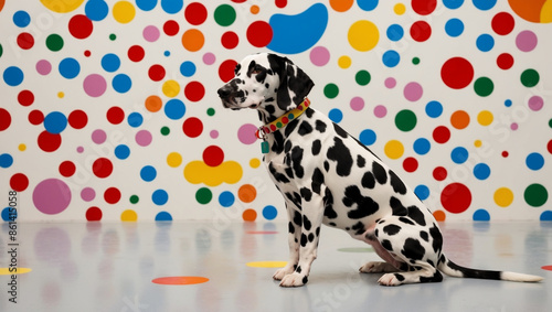 spotty Dalmatian dog sitting in front of a multicoloured polka dot background