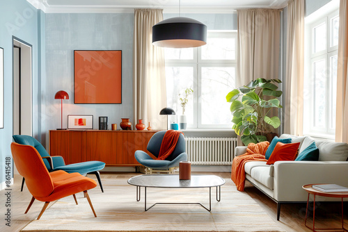 Orange and blue armchairs and white sofa against wooden cabinet. Scandinavian interior design of modern living room.