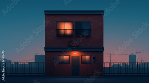 A brick building with warm interior lights, standing alone against a darkening sky