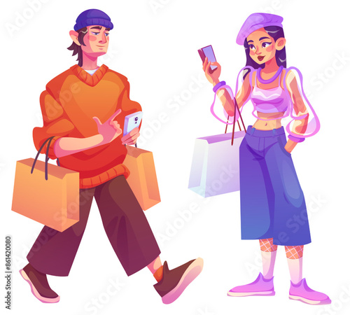 Woman character in shop. People buyer in mall with bag. Man with gift in store for black friday isolated person png. Female customer ecommerce concept collection. Shopaholic hold purchases package