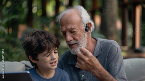 grandfather who has a wireless hearing aide device and his grandson