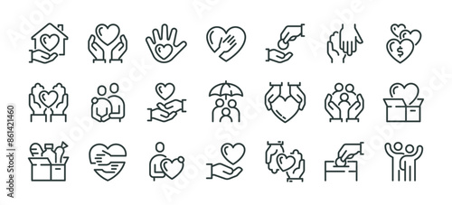 Premium Icons Pack on Charity and Donations. Such Line Signs as Volunteering and Compassion, Philanthropy Contribution and Sponsorship. Vector Icons Set for Web and App Outline Editable Stroke.