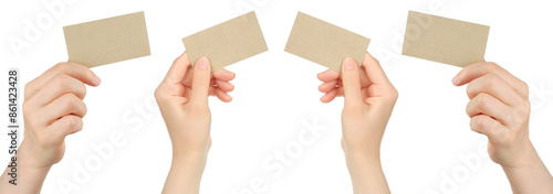 Set of Women Hands, which holding Paper Blank Business Card, isolated on transparent background