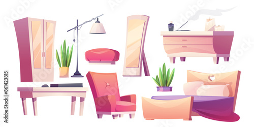Bedroom interior pink furniture, equipment and decorative elements. Cartoon vector set of cozy girlish home or hotel inside objects - bed and commode, dresser and table, lamp and flowers in pot.