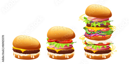 Small and big burgers set isolated on white background. Vector cartoon illustration of fast food snack made of bun with beef, fresh vegetables, sesame, mayo and cheese, restaurant menu design elements