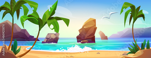 Summer sea or ocean beach landscape with blue water in tropical lagoon, green palm trees and sand on shore, rock mountains and seagull in blue sky on sunny day. Cartoon vector coastline scenery.