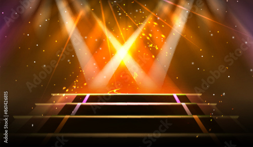 Gold light show stage. Abstract spotlight podium. Golden concert or winner ceremony studio with glitter and platform. Shiny bright night club event 3d stairs pedestal bg design. Sparkle flare scene
