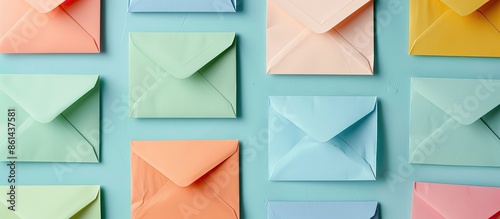 Colorful envelopes arranged randomly on a light blue background in a top view copy space image.