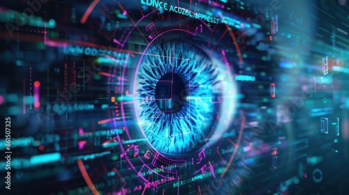 Eye icon, white digital analytics graph, access granted message, front view, highlights access confirmation, digital binary as object, colored pastel