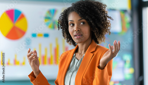 A confident businesswoman in an orange blazer presenting data in an office setting with charts in the background emphasizing professionalism and leadership