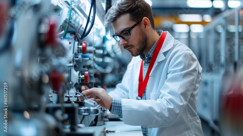 A robotics engineer in a lab coat with a red ID lanyard calibrating machinery in a high-tech workspace