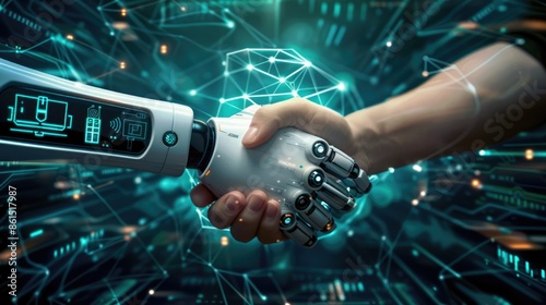 A robotic AI hand firmly shaking a human hand, set against a backdrop of advanced technology symbols and data streams