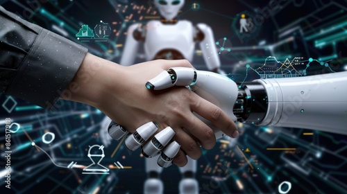 A robotic AI hand firmly shaking a human hand, set against a backdrop of advanced technology symbols and data streams