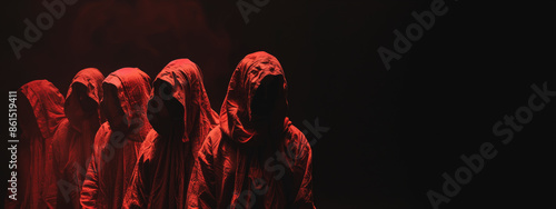 Red hooded cultists performing a ritual in the dark