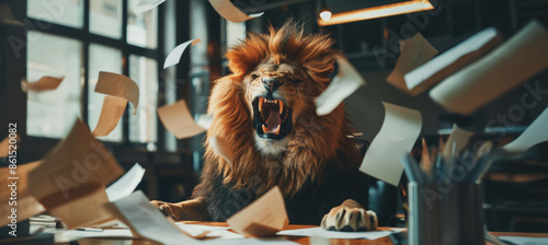 Furious lion businessman shouting at papers
