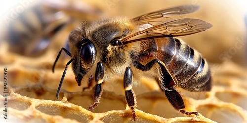 Detailed close-up image of a bee on a honeycomb, showcasing the intricate patterns of the hive and the detailed structure of the insect.