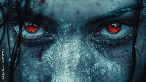 A close-up shot of an intense face, focusing on a striking red eye surrounded by gray tones, conveying a dramatic and mysterious atmosphere.