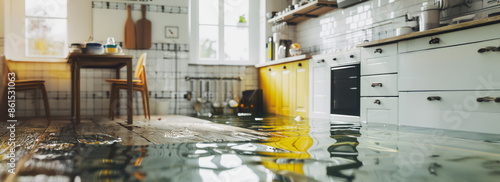 Flooded kitchen floor after water leak damage