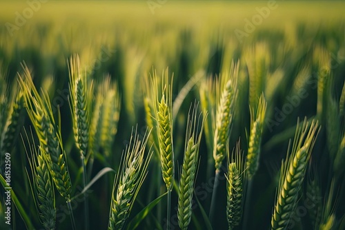 Close-up of lush green wheat field with unripe grain heads, bathed in warm sunlight, symbolizing natural growth and agricultural abundance.