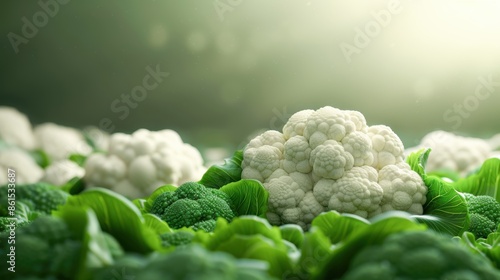 Lush cauliflower plants growing under sunlight in a verdant field, showcasing their fresh and healthy leaves and heads.