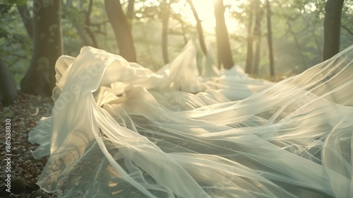 An assortment of chiffon and tulle fabrics gently sway in harmony with the rustling leaves in the nature reserve.