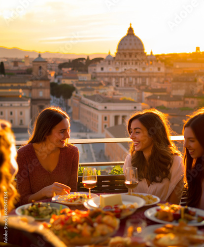 A group of young adults enjoy a vibrant meal on a rooftop overlooking the Roman skyline bathed in the warm glow of an early autumn sunset.