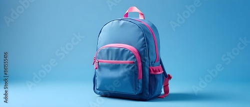 Educational backpack isolated on blue background, essential school bag for kids and students, back to school concept.