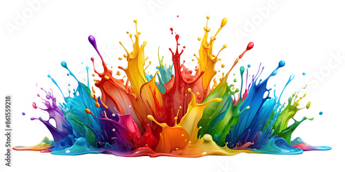 A vibrant and energetic display of colorful paint splashes against a stark white background