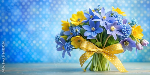 Bouquet of spring blue flowers anemone hepatica, scilla, yellow gagea and ribbon polka dot on a decorative colored background, space for a postcard text.