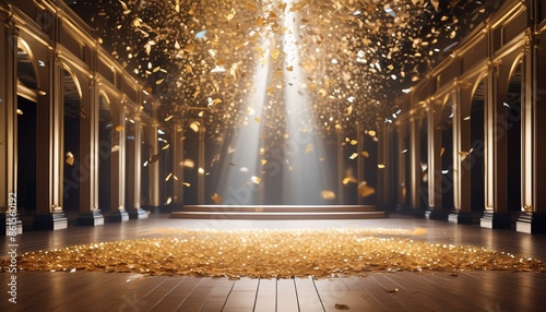 Festive stage with golden confetti rain and light beam, empty room at night mockup for award ceremony or product presentations