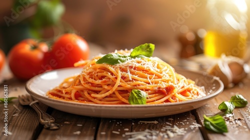 Scrumptious Italian spaghetti plates enhanced with a dusting of grated Parmesan cheese, photographed from a flattering low angle view on a wooden surface.