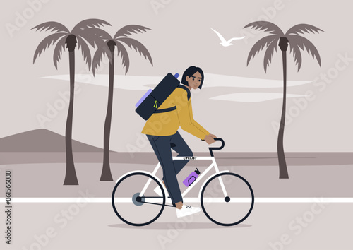 A cyclist rides through a scenic palm tree lined path with a backpack on their back, enjoying a sunset ride