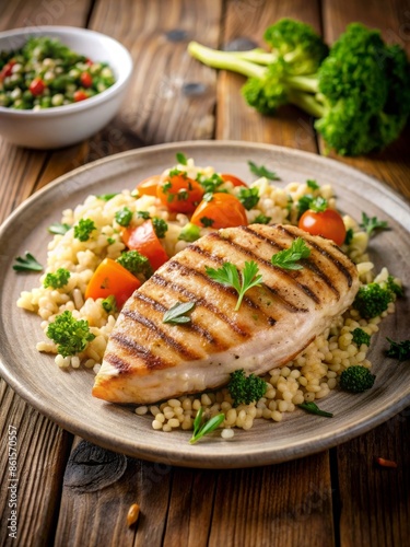 Grilled chicken breast with rice and steamed vegetables, including broccoli and carrots. A healthy DASH diet meal.