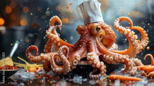 Whimsical image of an octopus wearing a chef hat surrounded by food ingredients, creating a humorous and imaginative scene, emphasizing the octopus's many arms.