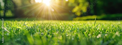 Close-up of green grass field with blurred trees and bright sun in the background.