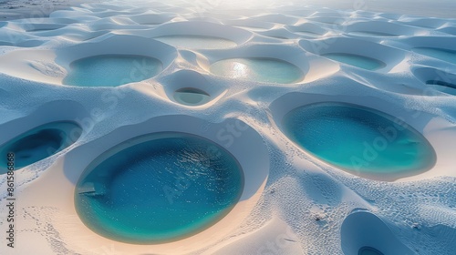 Surreal landscape with turquoise water sinkholes in middle of white desert