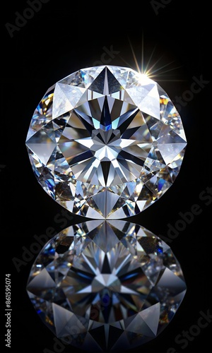 Diamond isolated on black background. Round brilliant cut.