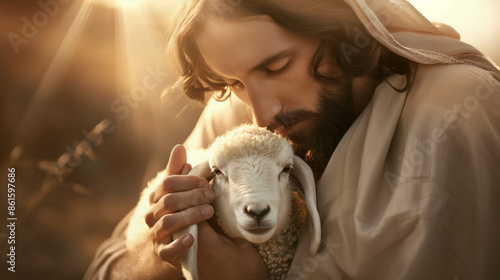 Jesus Christ Tenderly Holding a Lamb