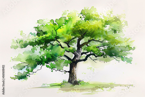 A hand-drawn watercolor depiction of a solitary tree on a white background, featuring vibrant green foliage and a sturdy brown trunk. The tree's leaves are painted with varied shades of green,