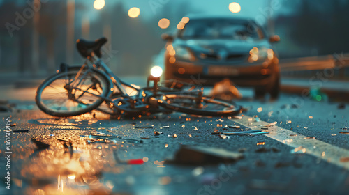 Road Accident Scene: Broken Bicycle hit by a Car with Sun in Background