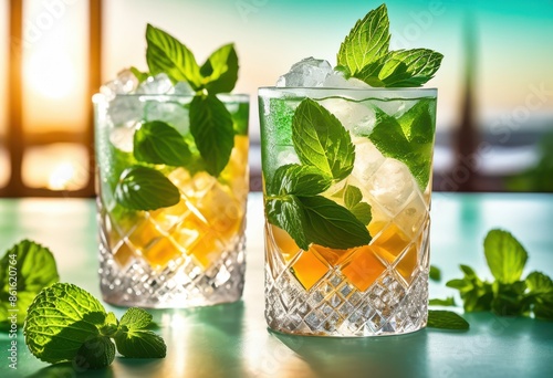 refreshing mint juleps fresh mint leaves crushed ice clear glass, cocktail, drink, beverage, summer, alcoholic, mixology, recipe, bartender, bar, alcohol